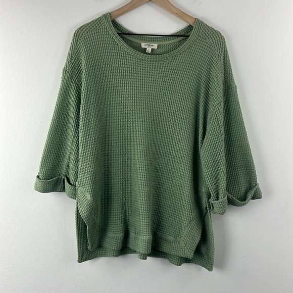 Umgee Green Waffleknit Boxy Cuff Sleeve Boho Oversize Top Womens Size S - Picture 1 of 7